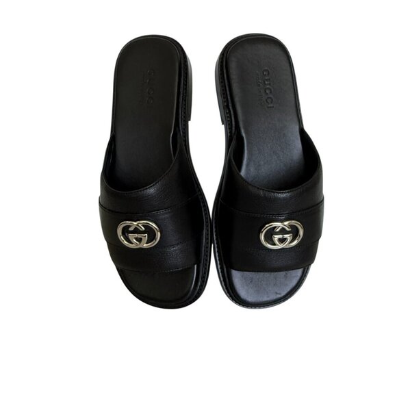 GUCCI 777849 MEN'S BLACK LEATHER INTERLOCKING G SANDALS, Gucci sz 7.5 (US 8) - Picture 11 of 13